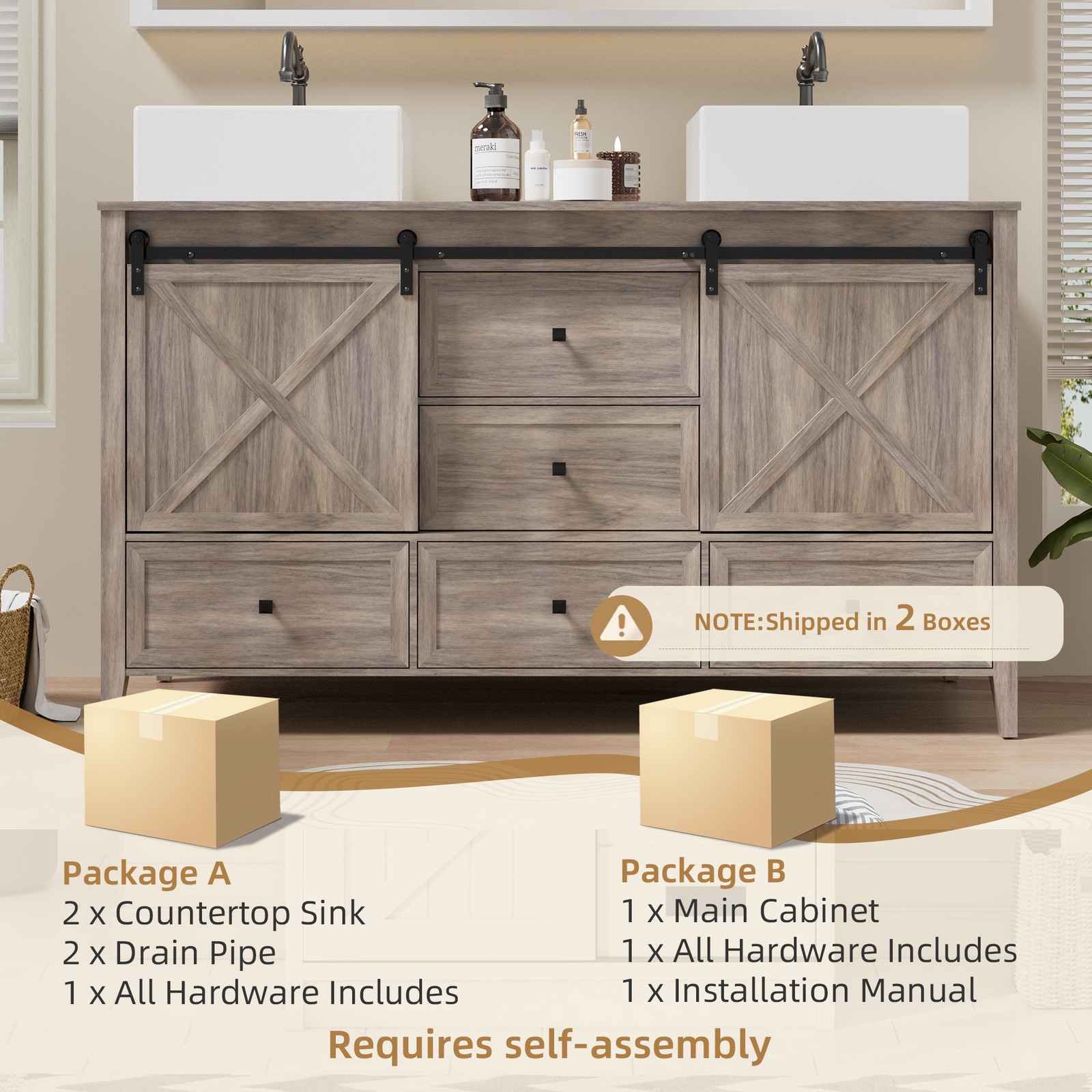 60″ Bathroom Vanity with Double Sink Combo Cabinet, Soft-Close Door & 5 Drawers