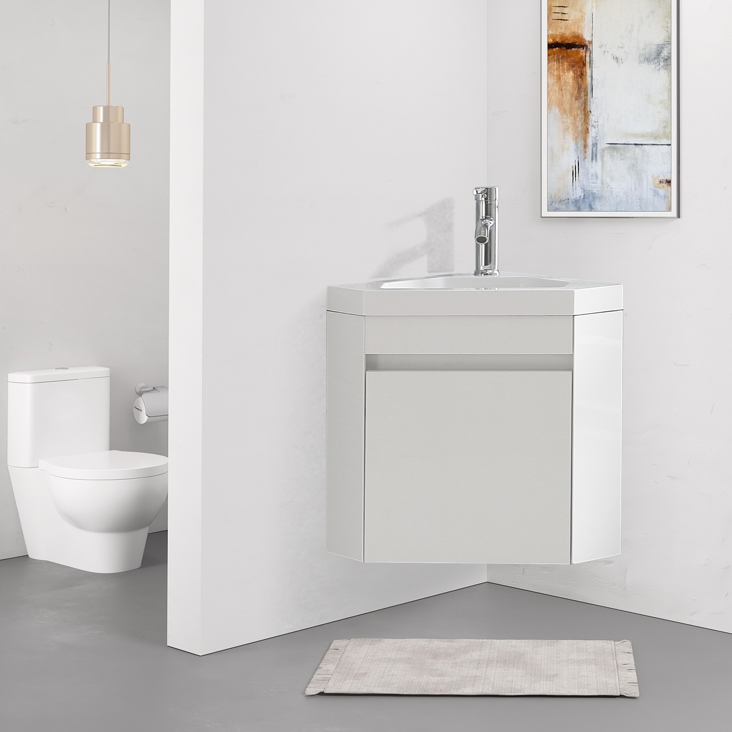 22″ Corner Wall Mounted Bathroom Vanity Floating Cabinet w/Sink for Small Space