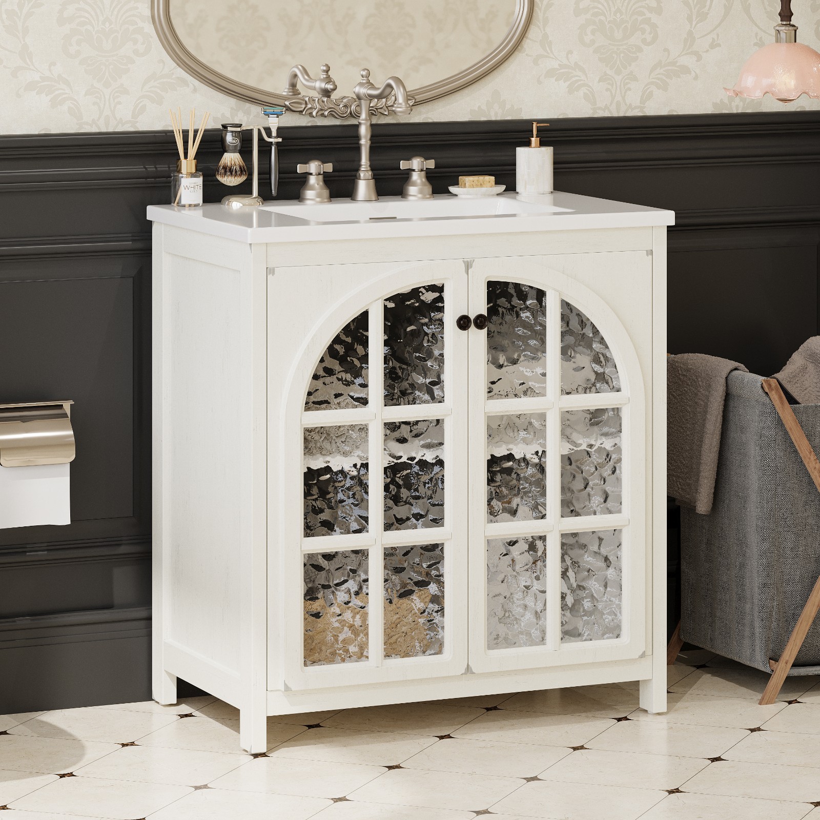 30 Inches Bathroom Vanity with Ceramic Sink,Vintage Rustic Bathroom Cabinet