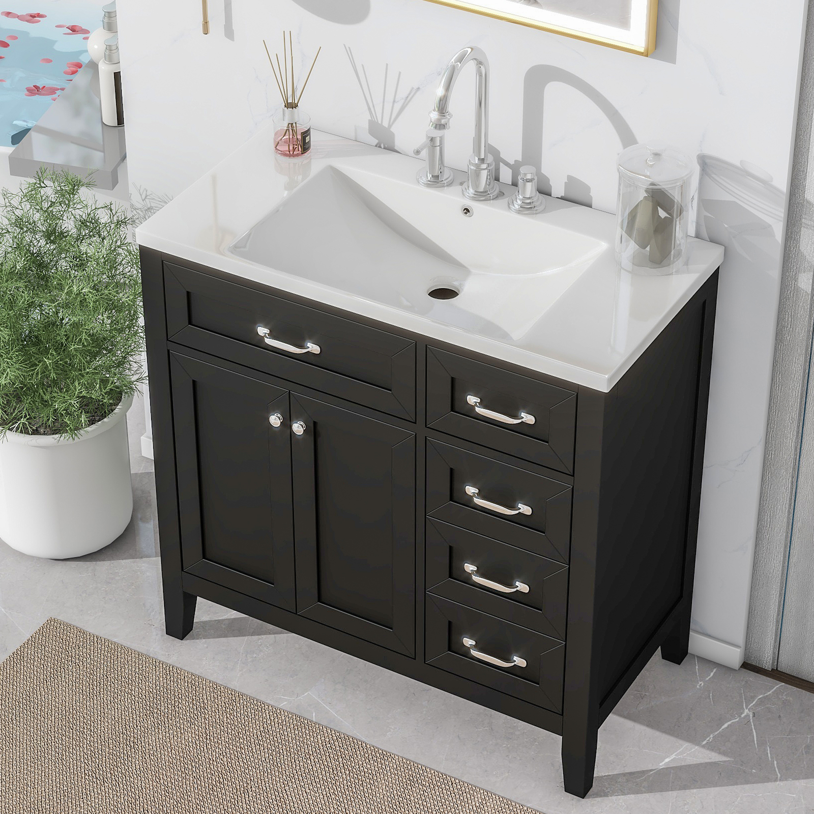 36″ Bathroom Vanity w/ Sink, Freestanding Storage Bath Vanity Cabinet, 3 Drawers