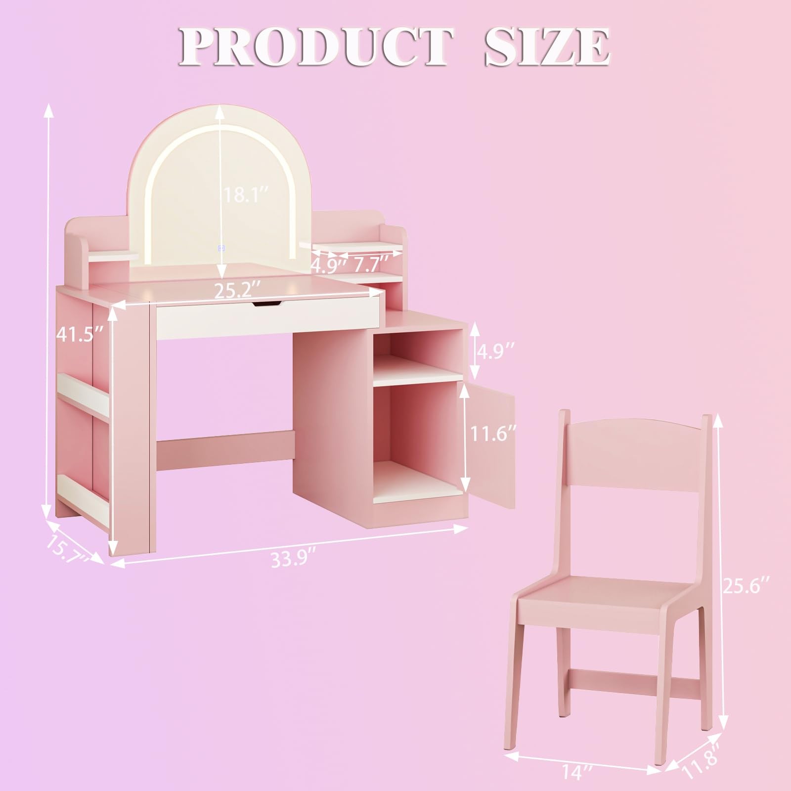 Kids Vanity Table Set Lighted Mirror Stool Jewelry Storage Makeup Pink