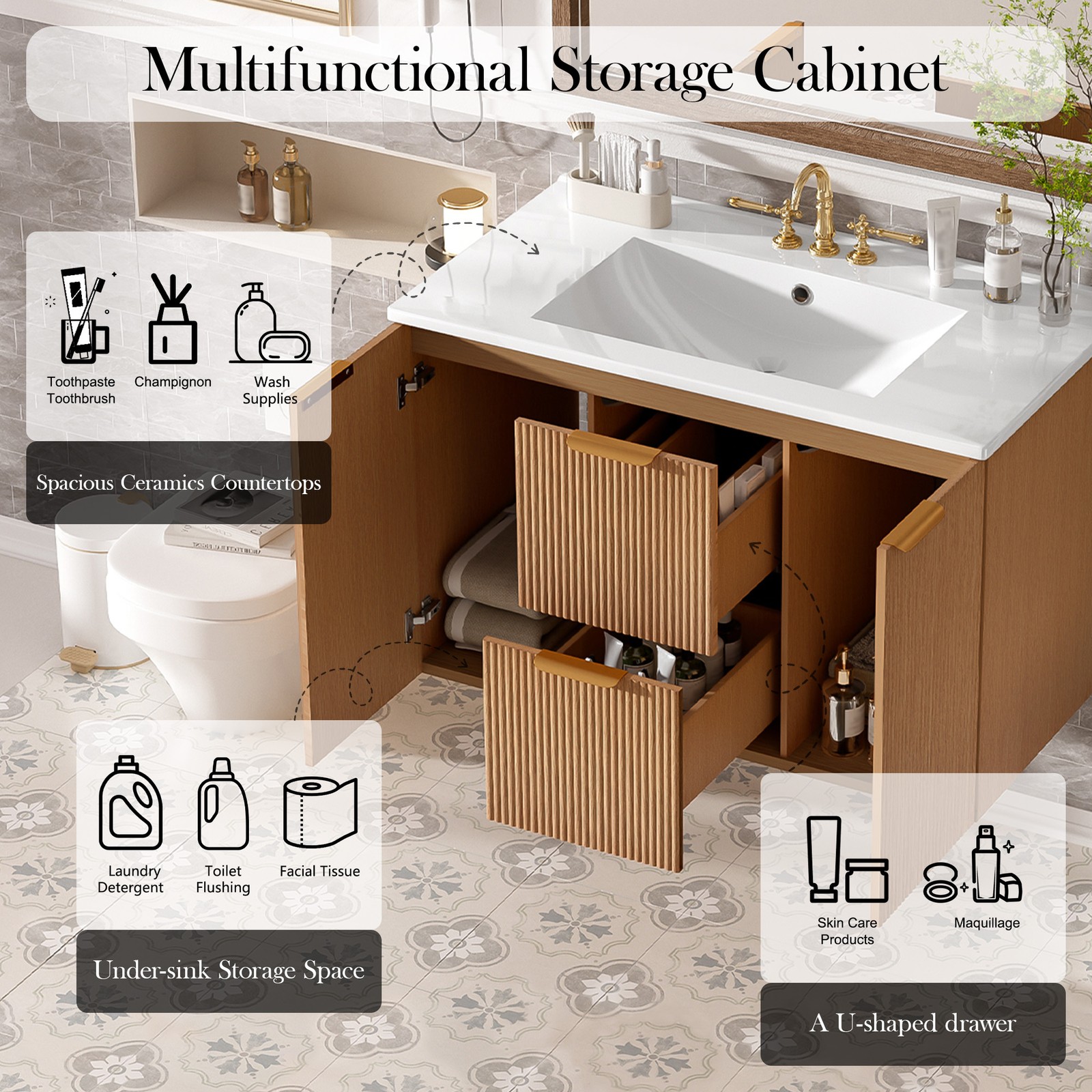 36 Inch Single Sink Bathroom Vanity with Ceramic Top, MDF Cabinet