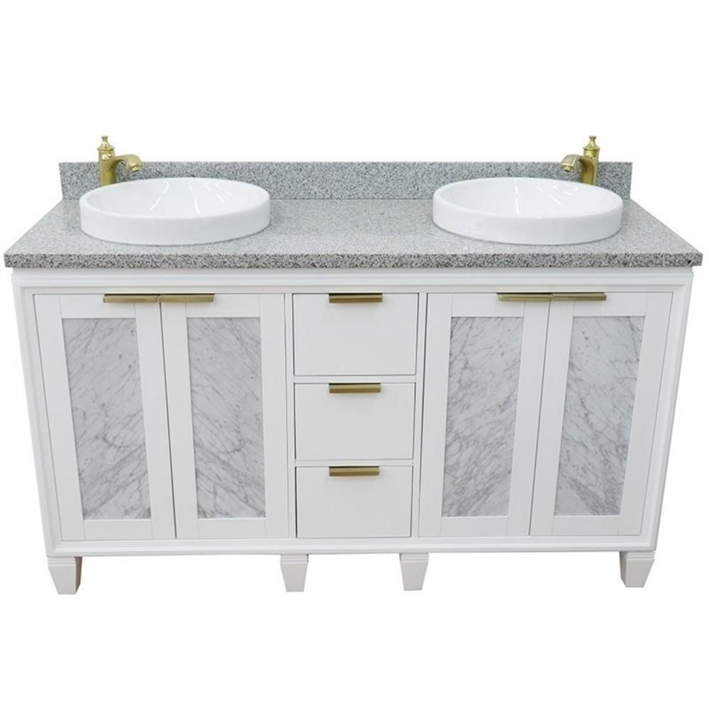 Pemberly Row 61″ Double Round Sink Solid Wood Vanity in White/Gray Granite Stone