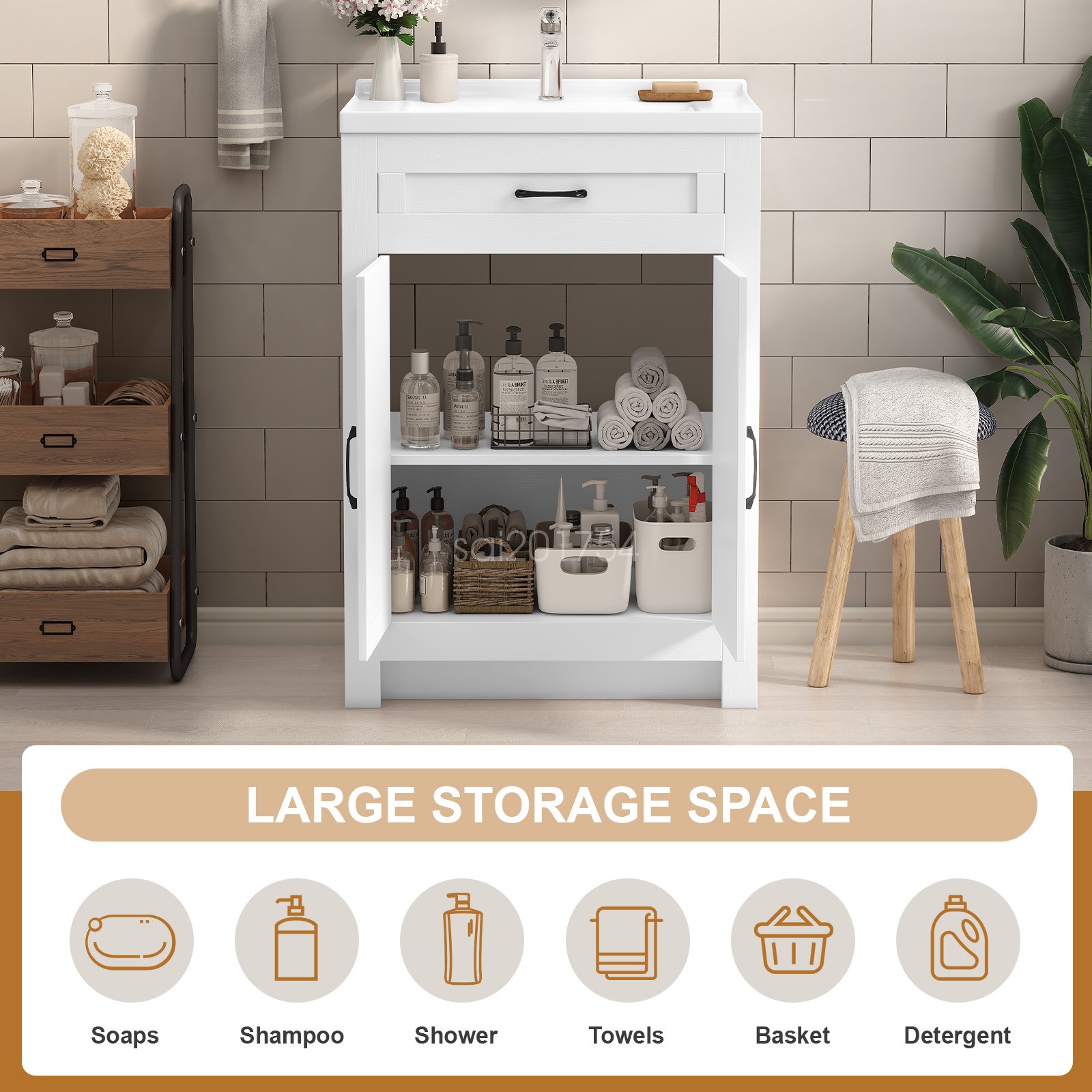 Bathroom Vanity Ceramic Single Basin Vanity Freestanding Vanity Cabinet 35.4Inch