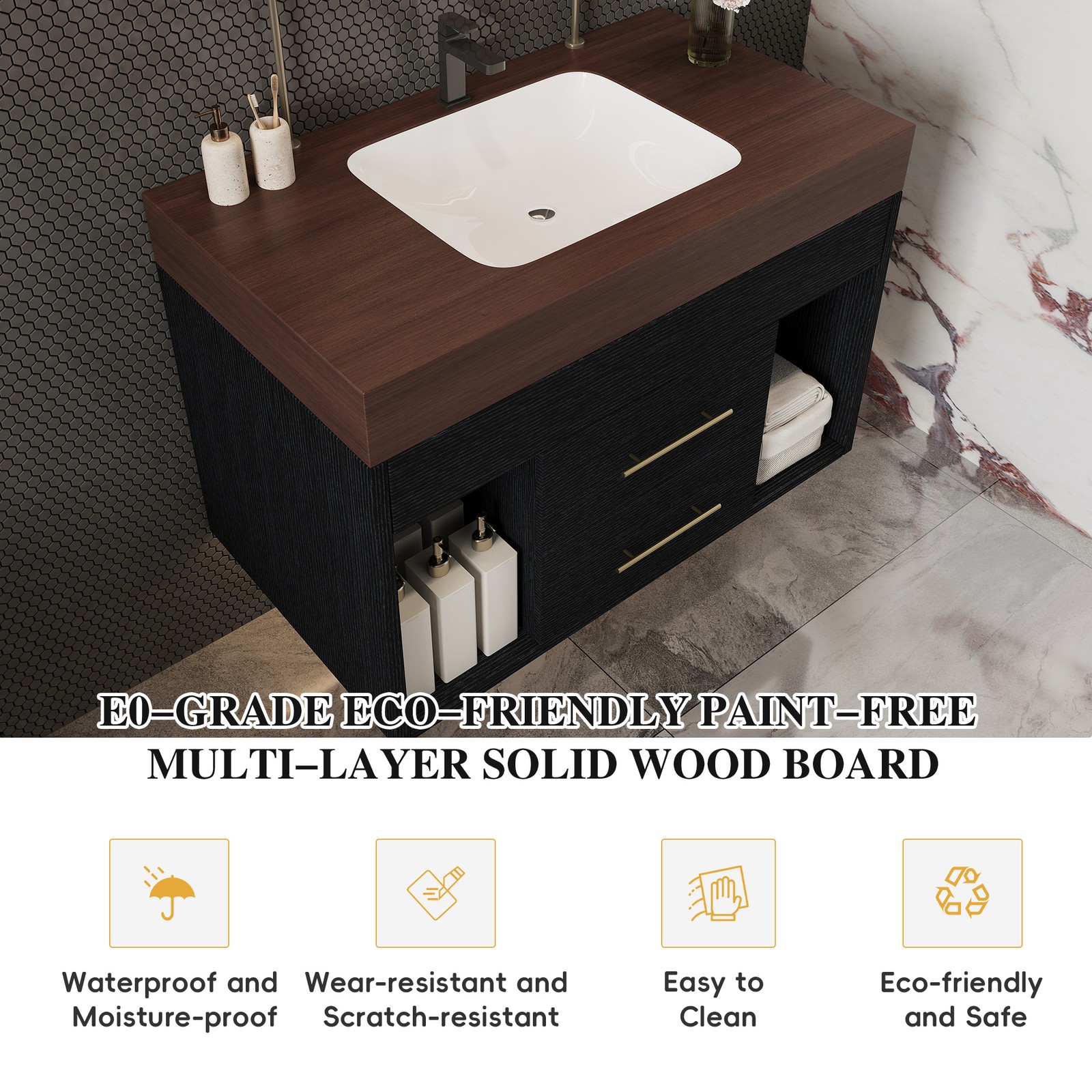 29.9″ Floating Bathroom Vanity with Sintered Stone Top & Ceramic Sink