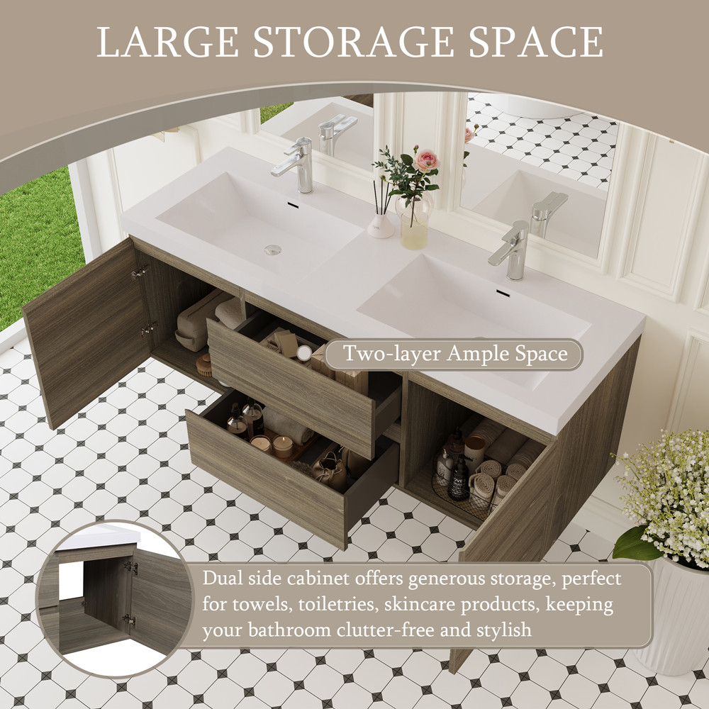 60″ Wall Mounted Bathroom Vanity w/Double Sink, Floating Vanity Cabinet,2 Drawer