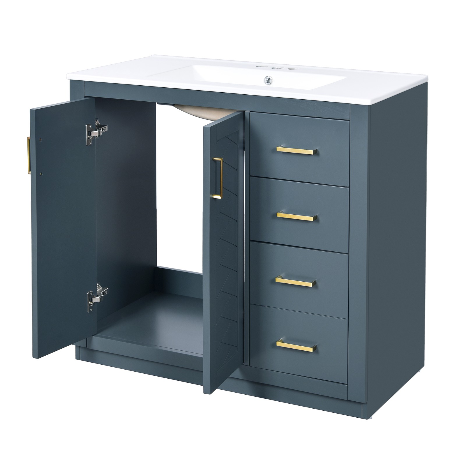 36″ Bathroom Vanity with Ceramic Sink, Solid Wood Frame, 3 Drawers & Doors