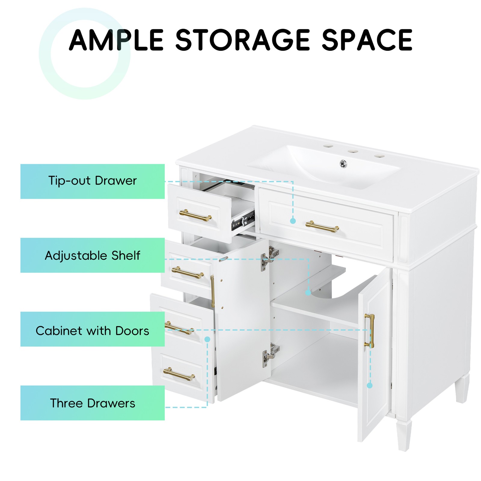 Bathroom Vanity w/Ceramic Sink,Wood Storage Cabinet w/Drawers &Adjustable Shelf