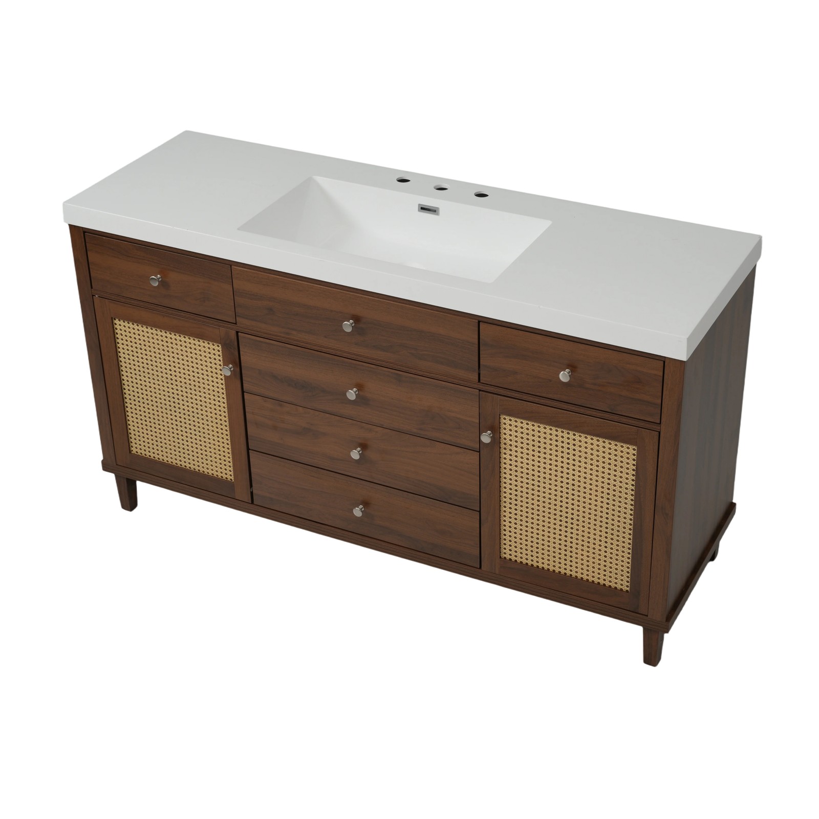60″ Bathroom Vanity with SMC Sink, Brown, Soft Close Drawers & Rattan Doors