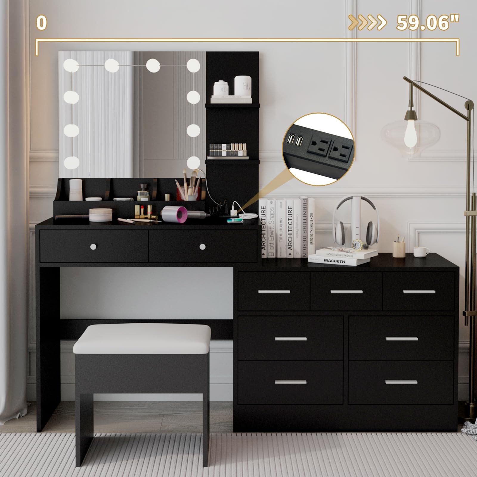 Vanity Table Dresser w/ Light Mirror Charging 10 LED Stool Drawers Shelves Black