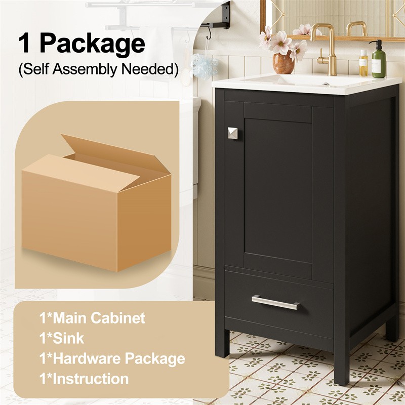 18″ Modern Bathroom Vanity with Ceramic Sink,Soft-Close Drawers & Door Organizer
