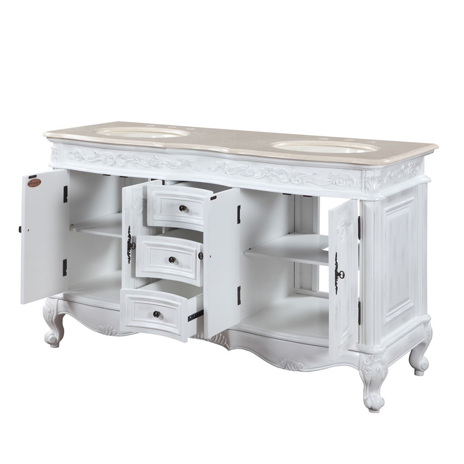 58″ Lavatory Double Sink Bathroom Vanity Cabinet Crema Marfil Marble Top 145CM