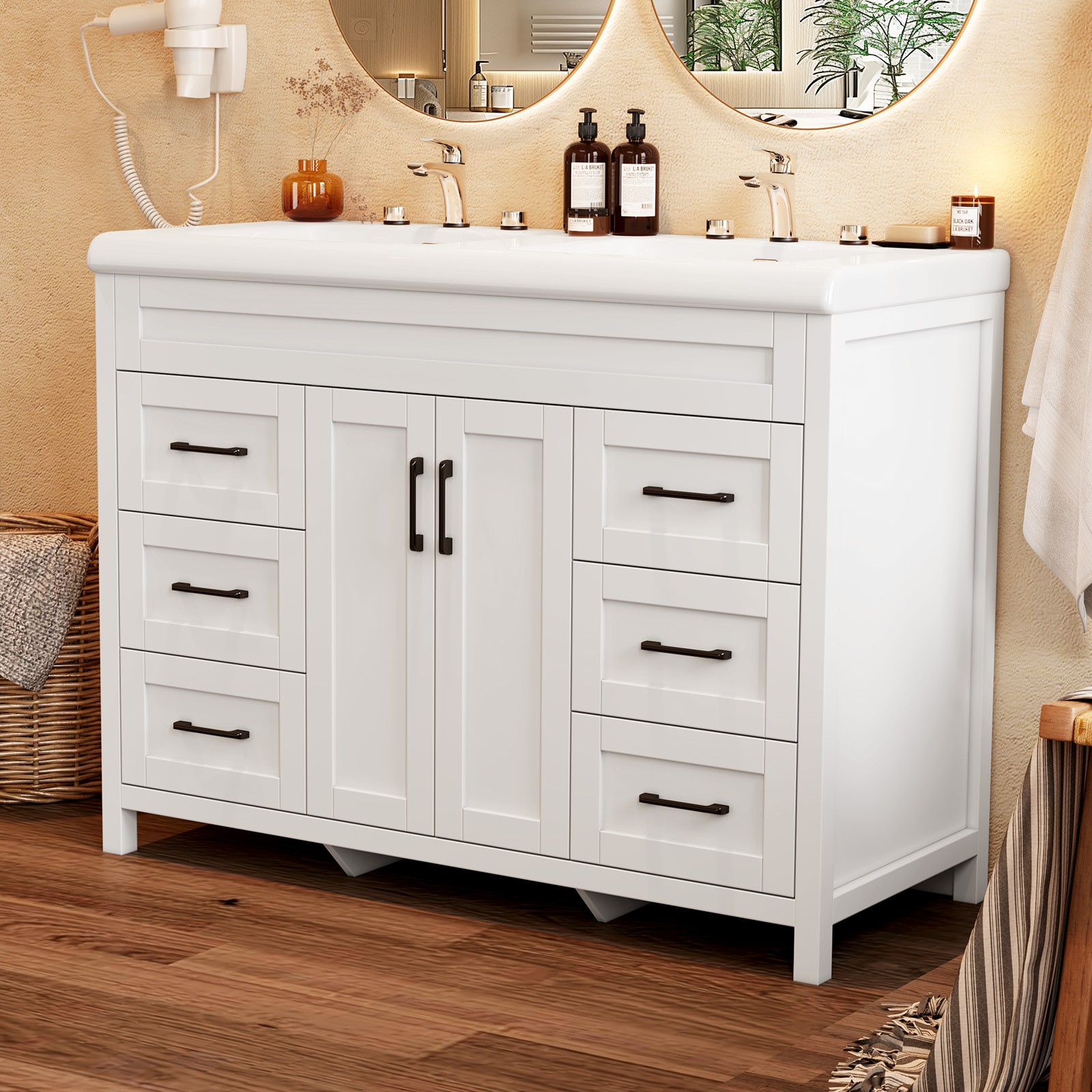 White Bathroom Vanity Double Sink Freestanding Cabinet with Storage Drawers