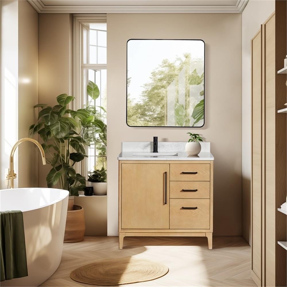 Gara 36″ Single Bath Vanity in Washed Ash Grey w/ White Grain Composite & Mirror