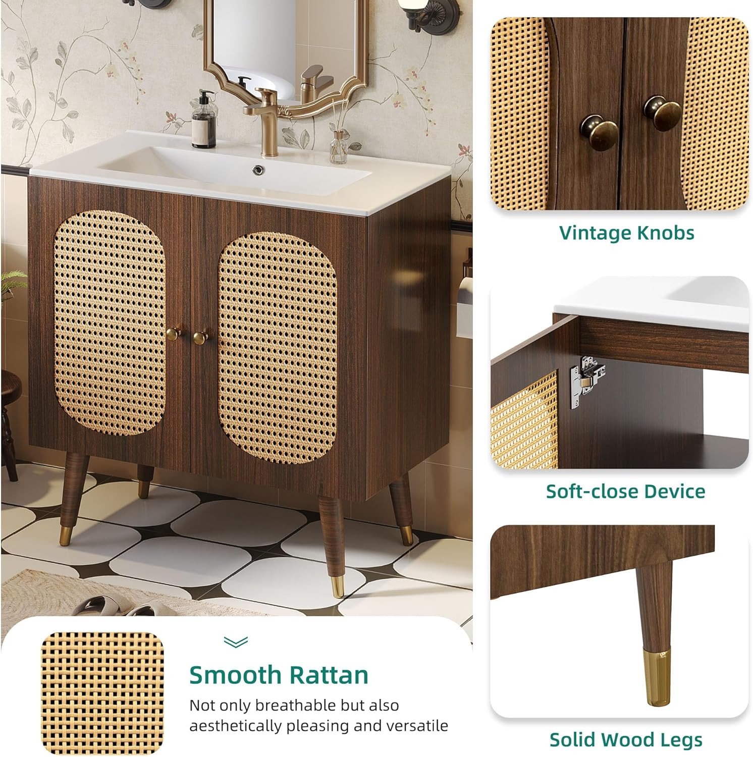 36″ Walnut Rattan Bathroom Vanity with Sink & Soft-Closing Doors, Boho Style