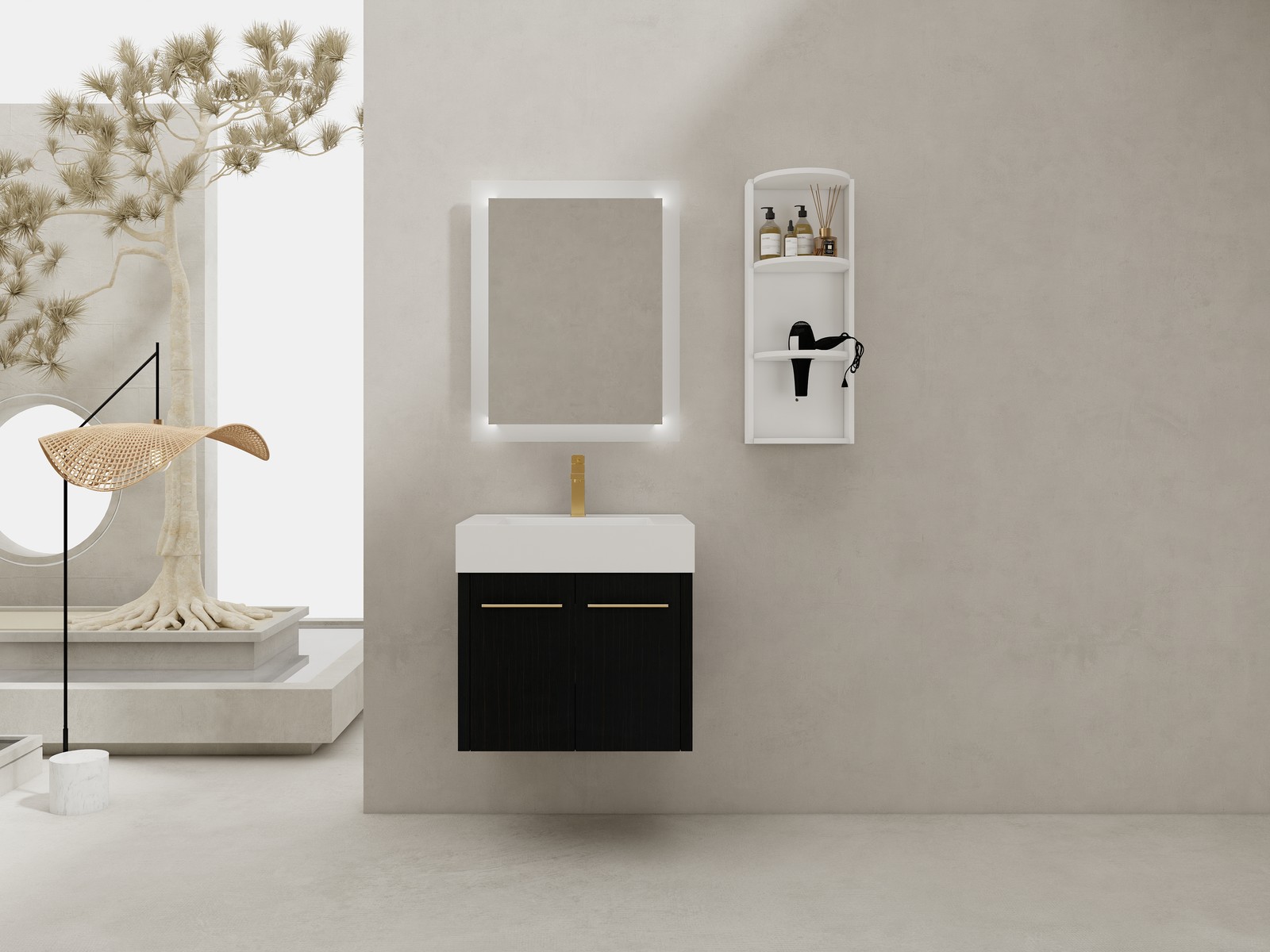 24In Plywood Wall-Mounted Bathroom Vanity W/Resin Sink Doors + Side Storage Rack