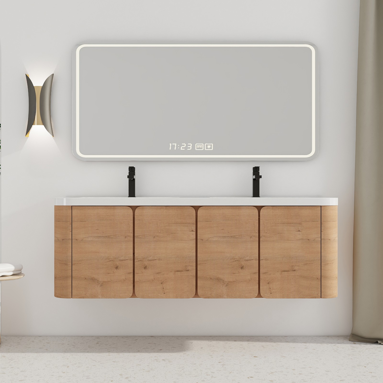 60″ Plywood Floating Wall-Mounted Bathroom Vanity With Double Resin Sink 4 Doors