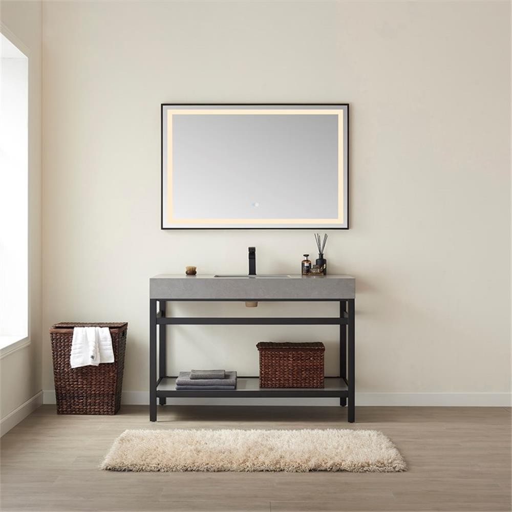 Funes 48″ Single Sink Bathroom Vanity in Matte Black Frame Gray Top w/ Mirror