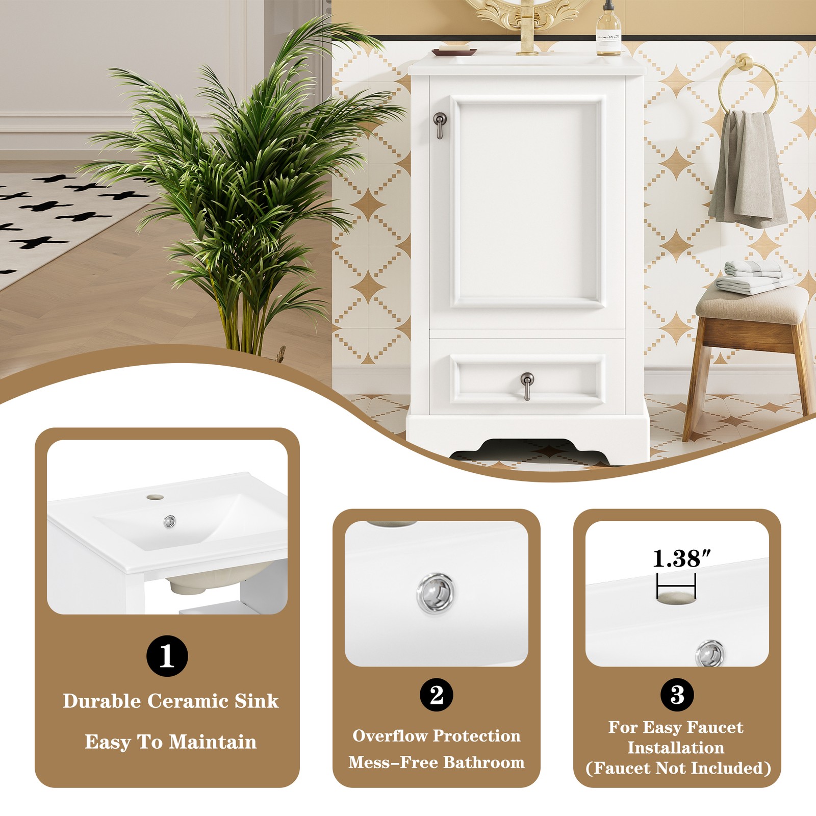 20″ Bathroom Vanity with Ceramic Sink, Soft Close Door, White