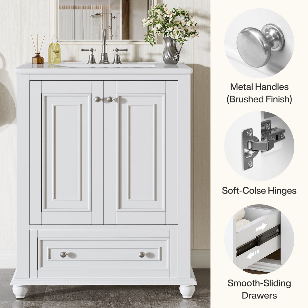 24 inch Bathroom Vanity with Ceramic Sink Combo Cabinet with 2 Doors & 1 Drawer