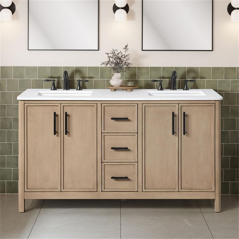Pemberly Row 60″ Double Bathroom Vanity in Sahara Birch with White Countertop