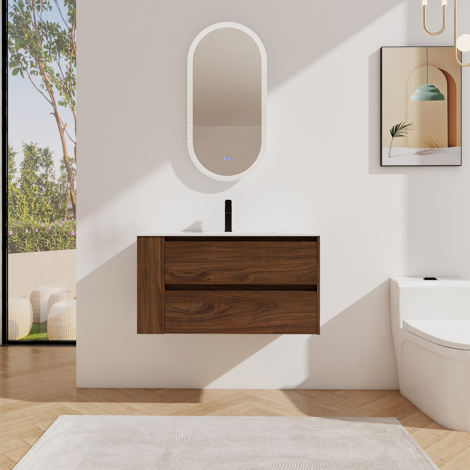 36″ Floating Wall Mounted Bathroom Vanity Cabinet Ceramic Sink Side Shelf Brown