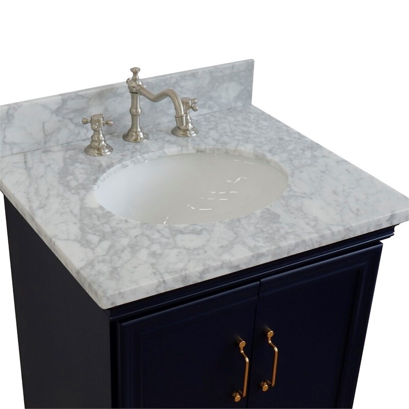 25 in. Single Wooden Vanity Blue with White Carrara Oval Sink