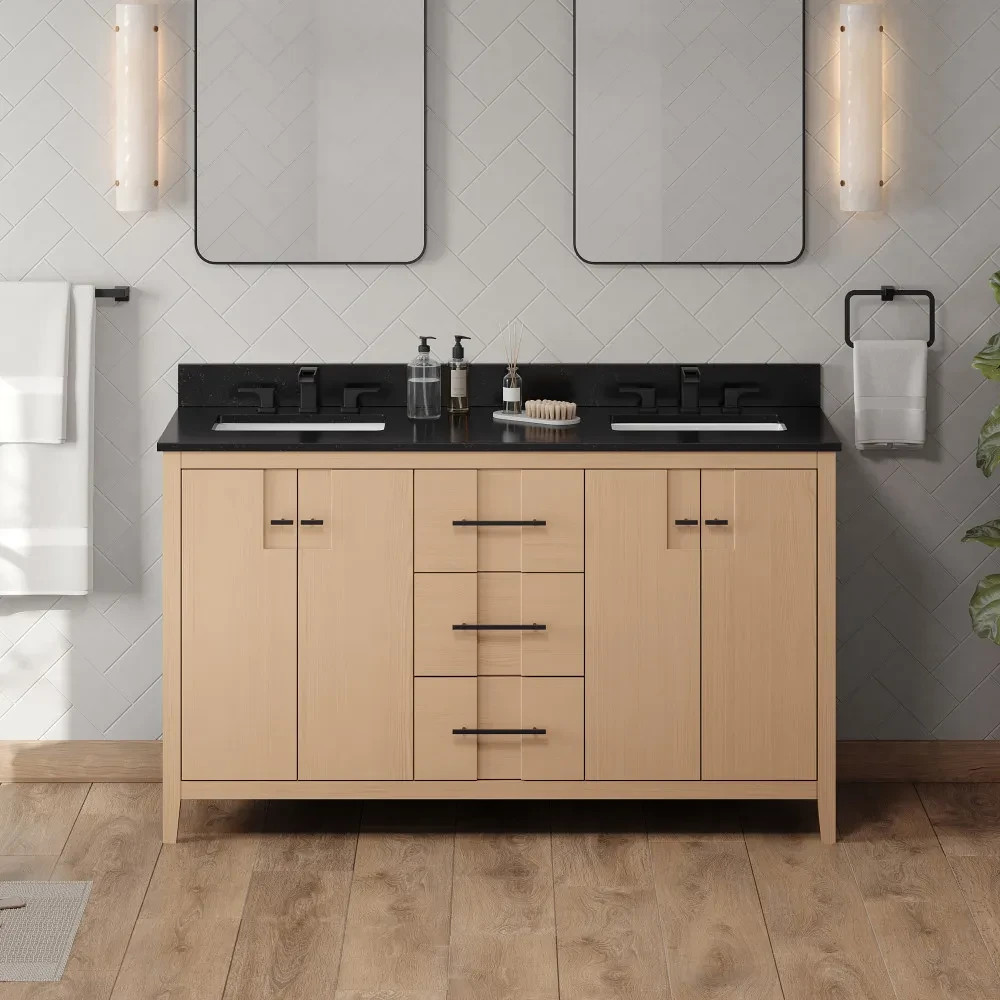 60″ Katara Natural Oak Double Bowl Bathroom Vanity + Black Granite Countertop