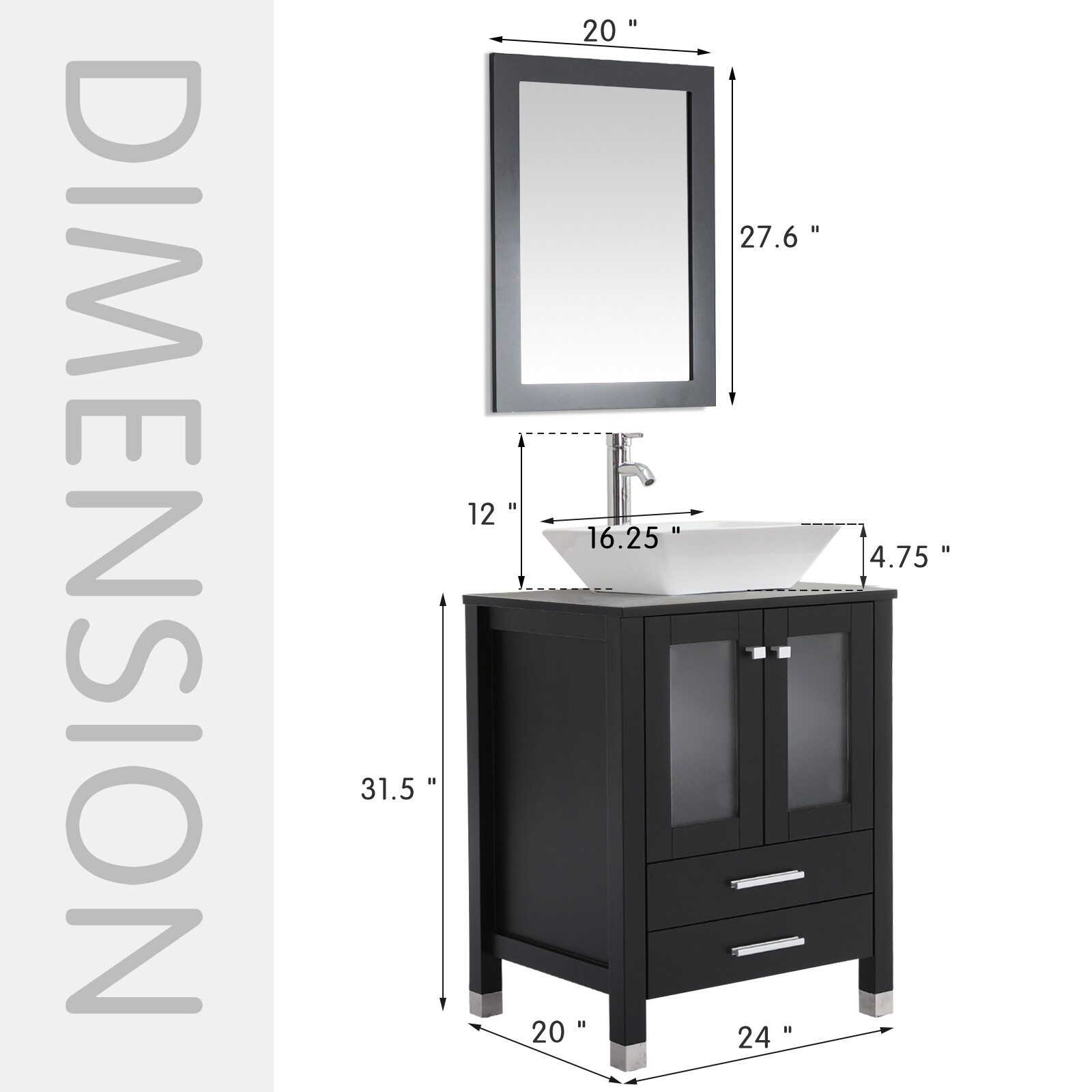24″ Bathroom Vanity with Sink Storage Cabinet Combo W/ Solid Wood Leg