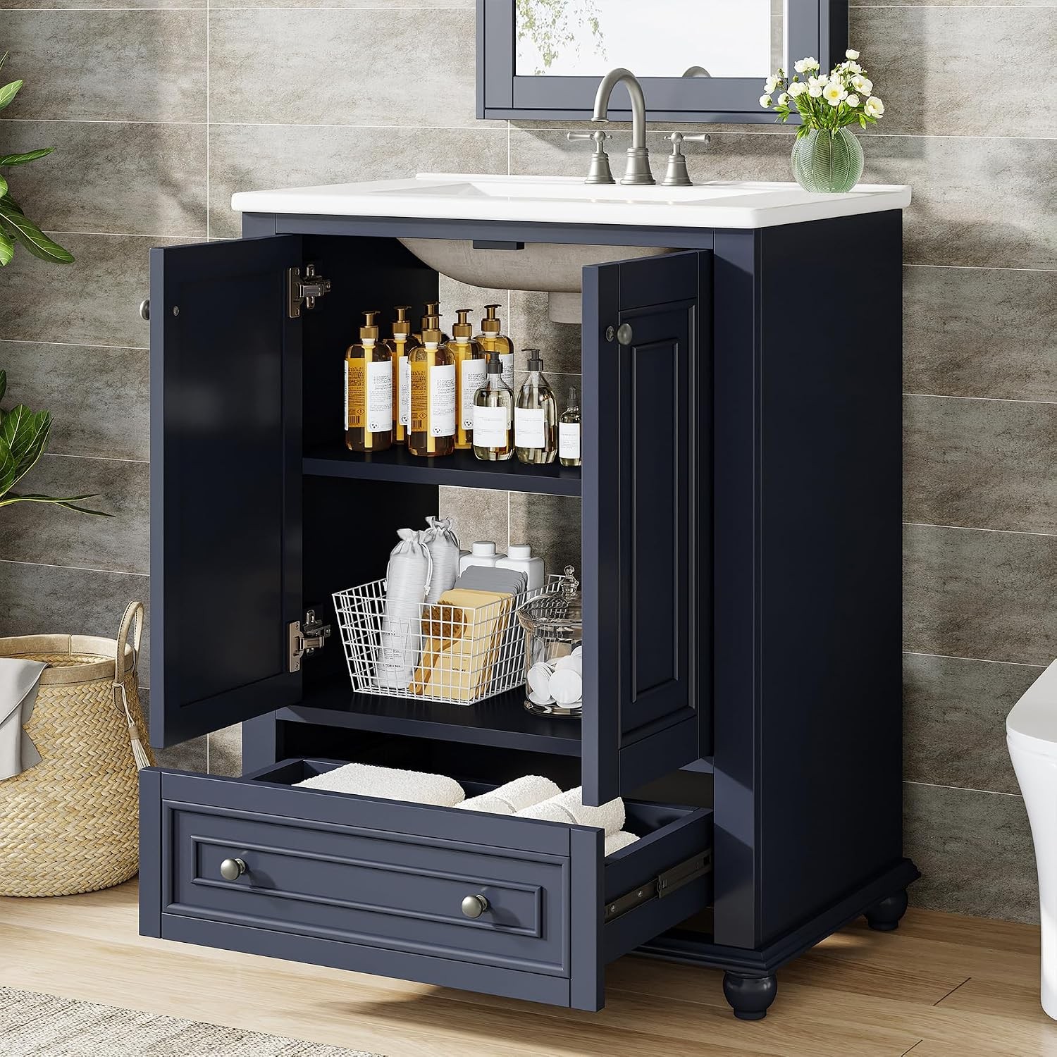 24″ Bathroom Vanity with Ceramic Sink Combo Navy Blue Cabinet w/ Doors & Drawer