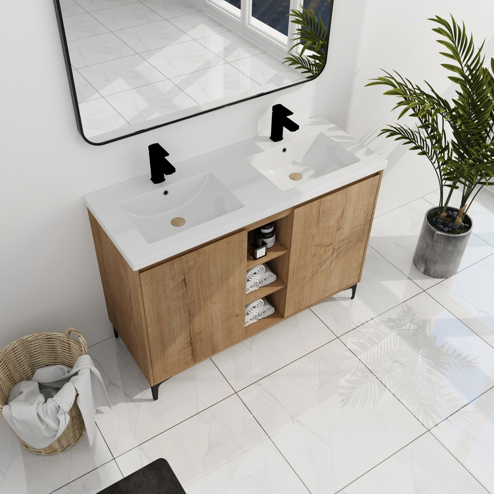 48inch Plywood Free Standing Bathroom Vanity With Double Sink W/ Shelf and Doors