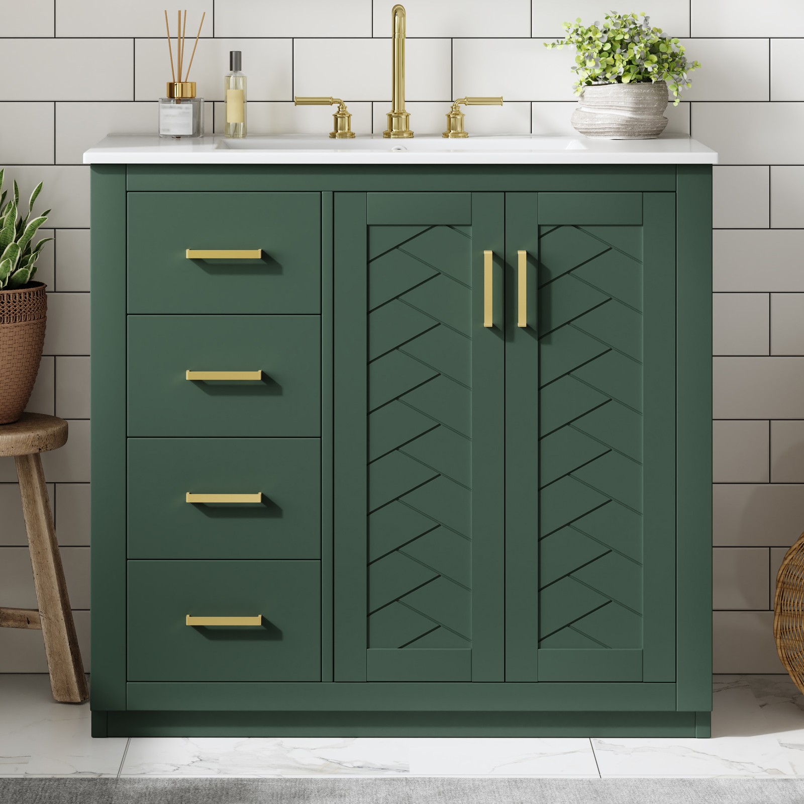 36″ Bathroom Vanity with Ceramic Sink, Solid Wood Frame, 3 Drawers