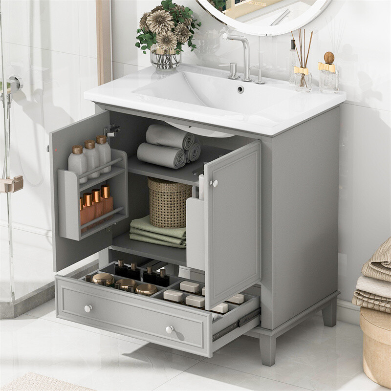 30″ Modern Bathroom Vanity with Sink Set,Gray Bathroom Cabinet w/Doors & Drawer