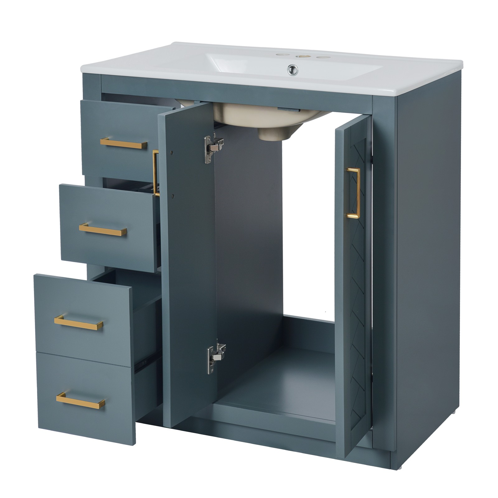 30″ Bathroom Vanity w/Ceramic Sink, 3 Drawers, Freestanding Bath Vanity Cabinet