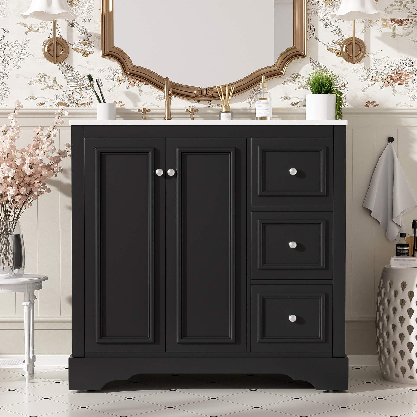 36″ Bathroom Vanity Cabinet Storage with Sink Combo w/2 Door & 3 Drawers Black