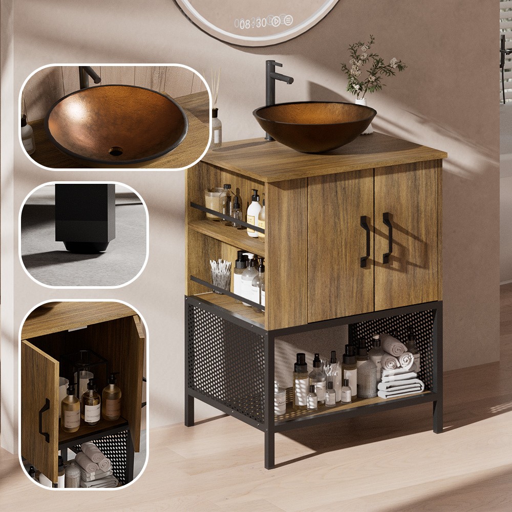 24″ Small Bathroom Vanity Combo Storage Cabinet FloorStanding Glass Vessel Oak