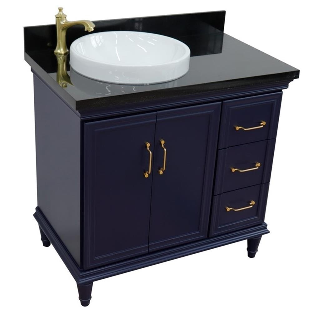 37 in. Single Wooden Vanity Blue Black Galaxy Round Left Door.Left Sink