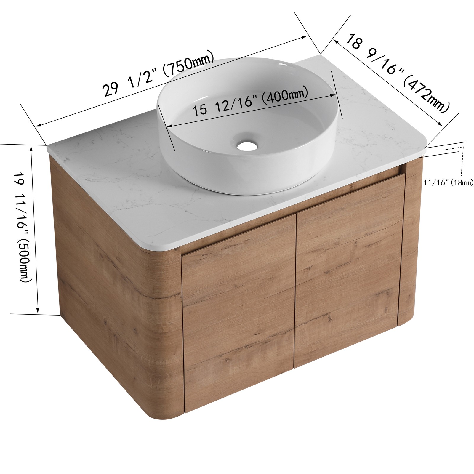 30″ Plywood Wall Mounted Bathroom Vanity W/ Ceramic Sink Soft-Close Door Cabinet