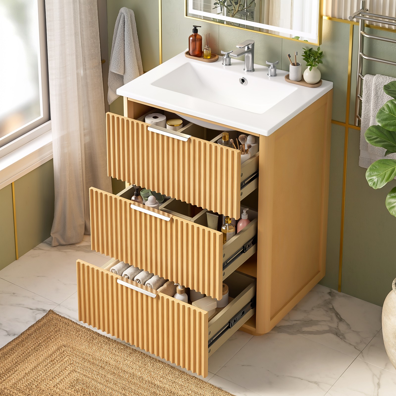 24 Inch Bathroom Vanity with Ceramic Sink, Natural Wood & Metal