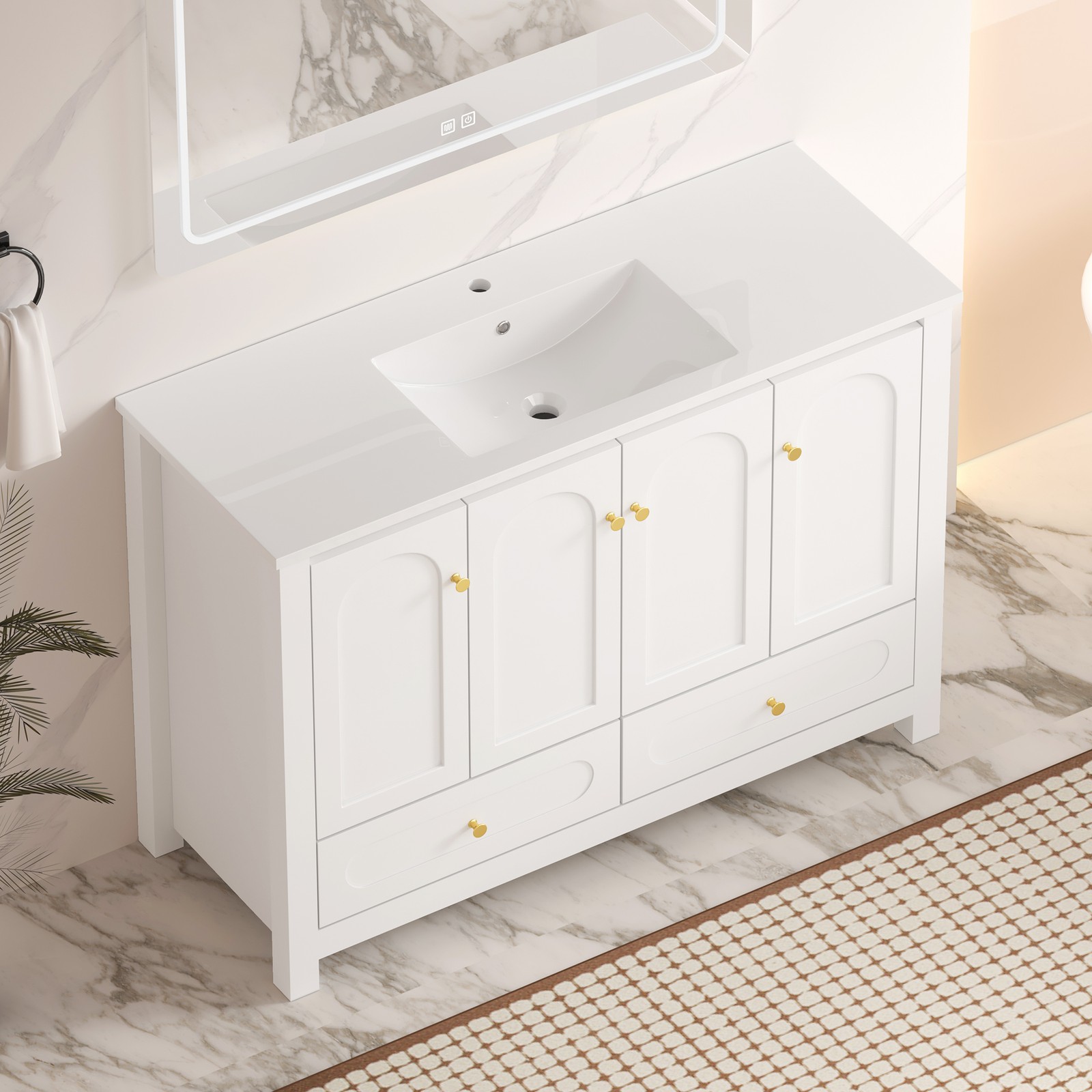 48 Inch White Bathroom Vanity with Resin Sink, 4 Doors 2 Drawers