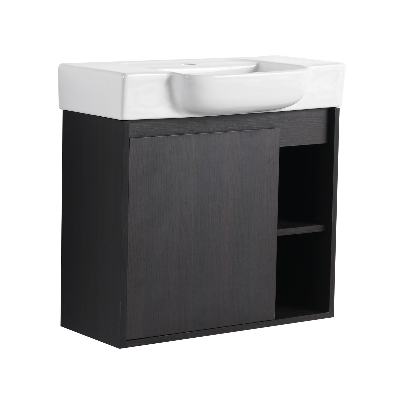 24″ Plywood Wall-Mounted Bathroom Vanity Cabinet W/ White Ceramic Sink Dark Oak