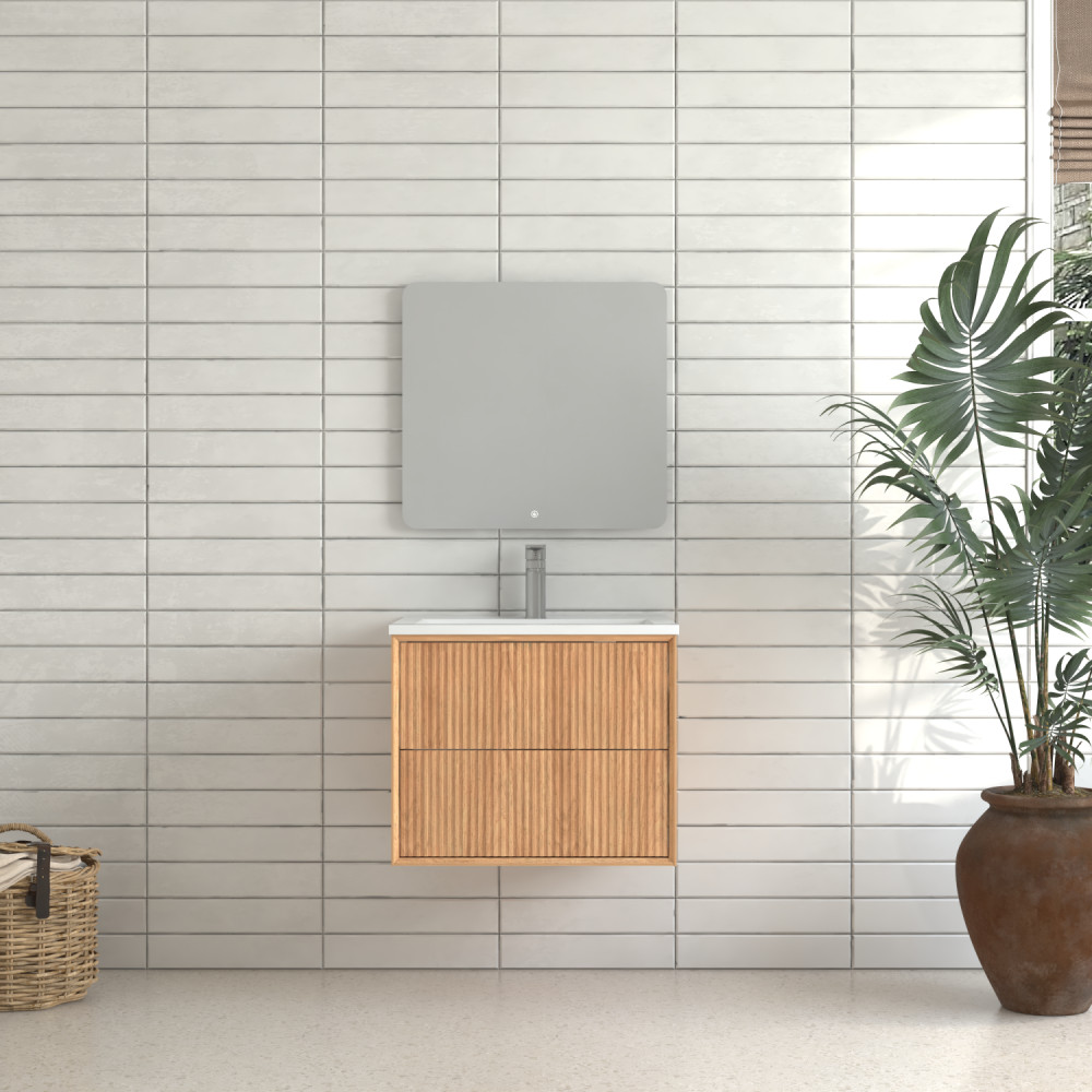 24 Inch Walnut Floating Bathroom Vanity Wall Mounted Solid Wood Cabinet