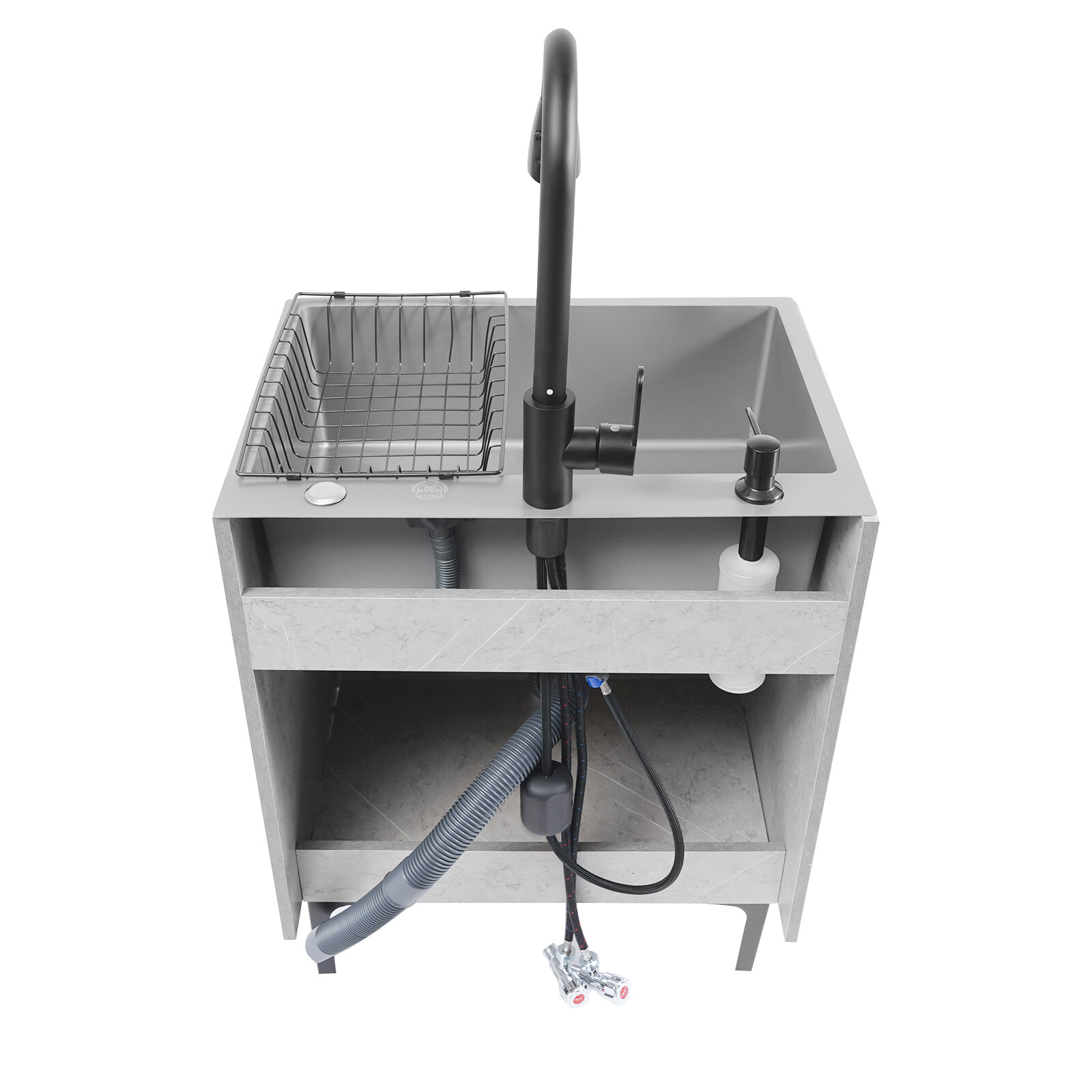 Grey Stainless Steel Sink & Freestanding Cabinet With Pull-Out Faucet