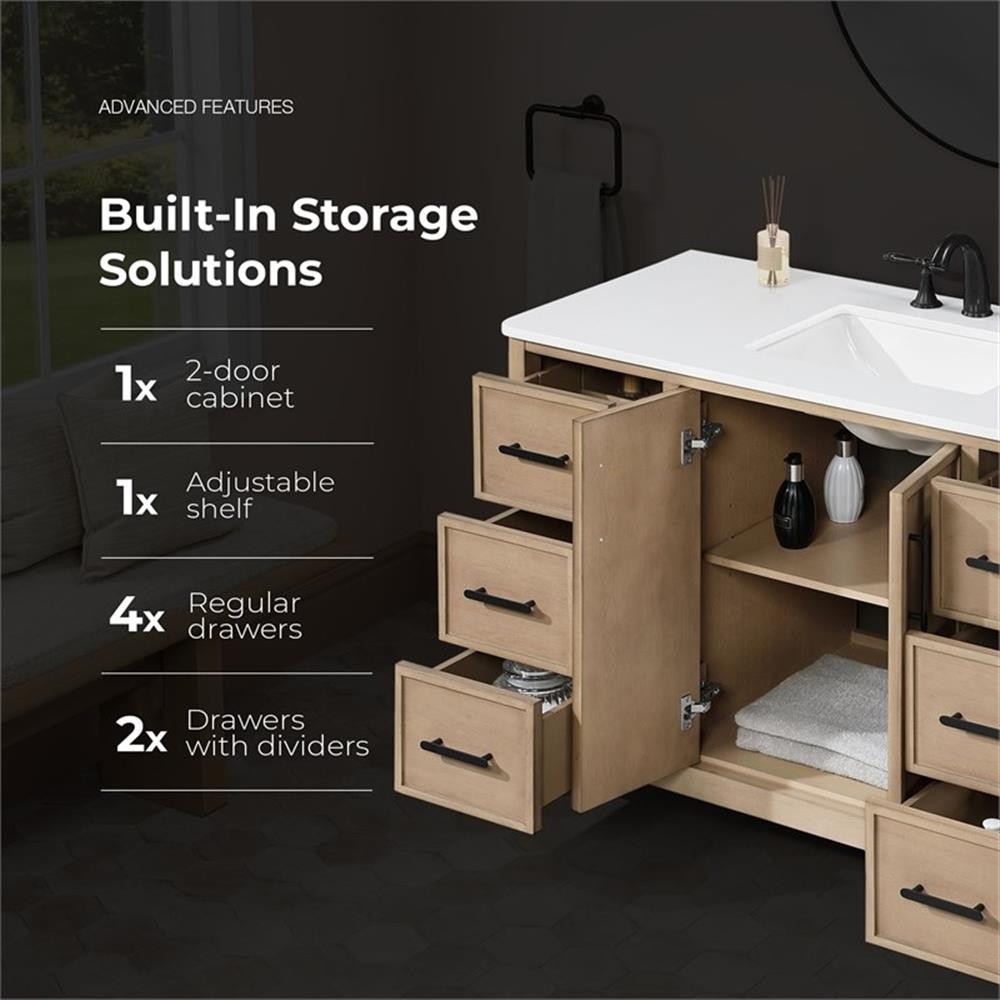 Pemberly Row 48″ Bathroom Vanity in Sahara Birch with White Countertop