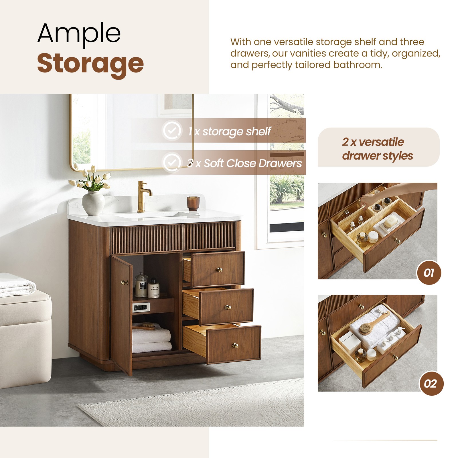 Zogno 36″ Single Sink Bath Vanity in Natural Walnut with White Grain Stone Top