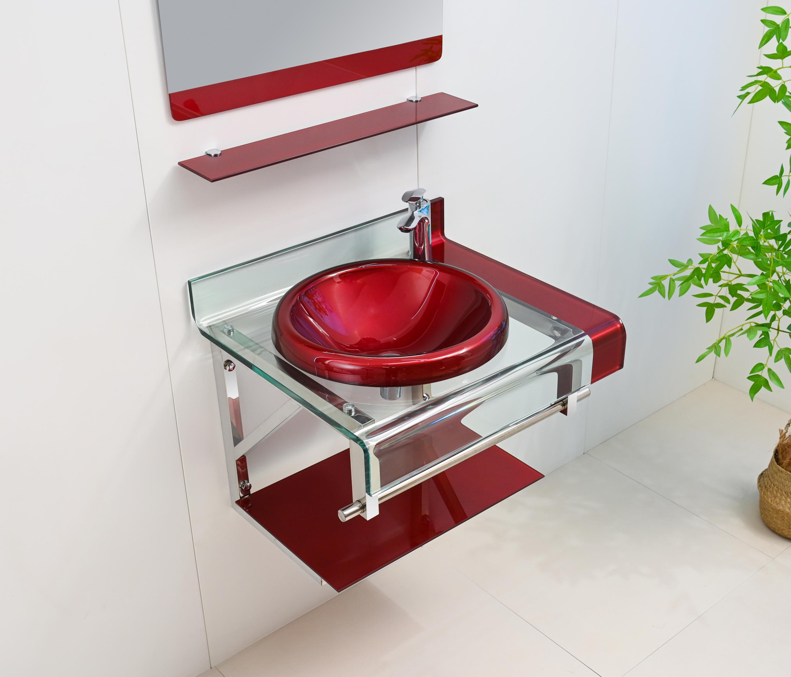 24″ Wine Red Glass Bathroom Vanity set Floating Sink-top Mirror Shelves combo