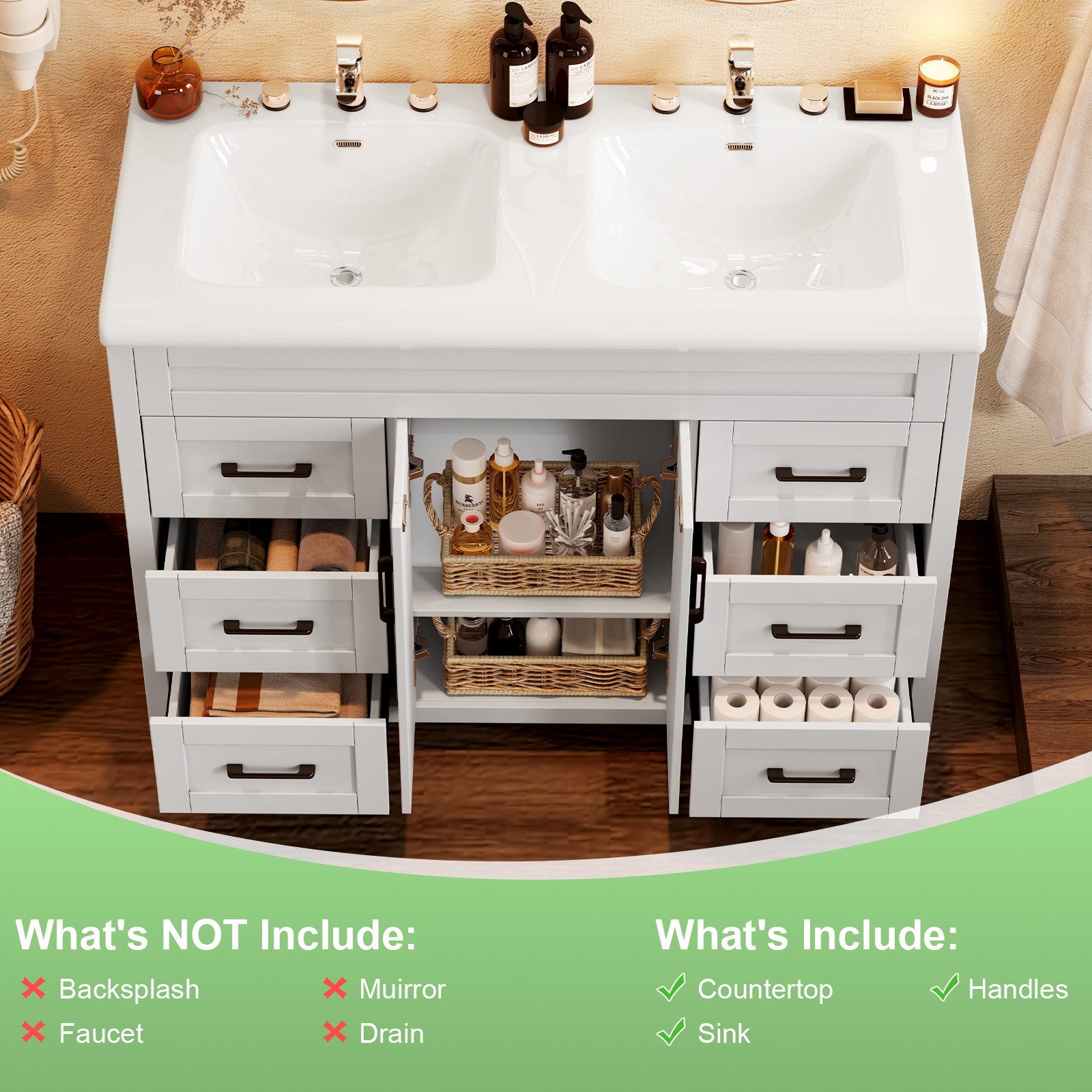White Bathroom Vanity Double Sink Freestanding Cabinet with Storage Drawers