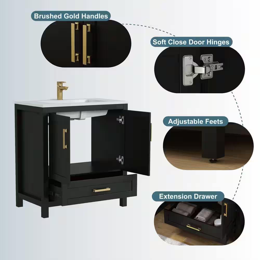 Raven 31 In.W Single Sink Black Freestanding Bath Vanity with White Engineered S