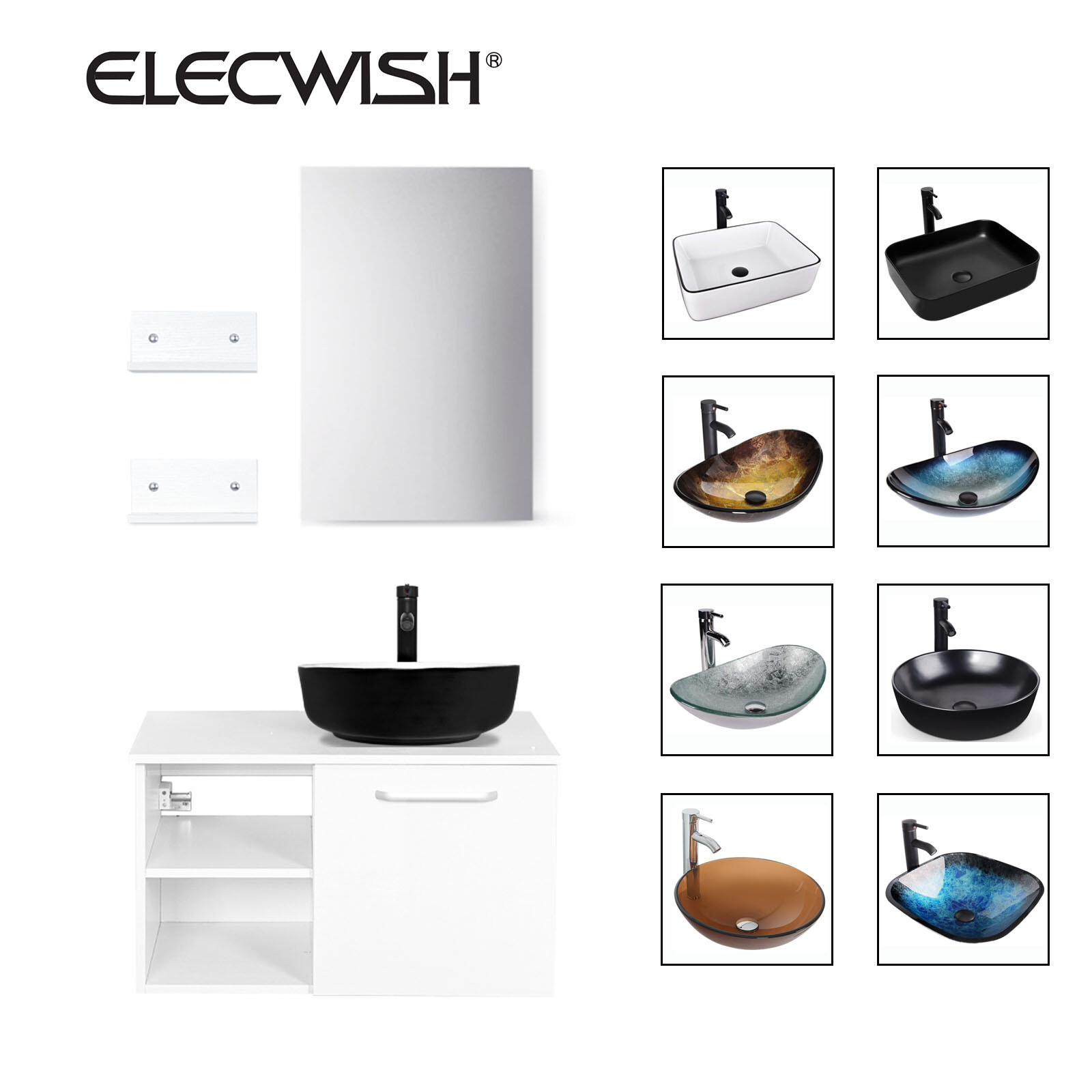 ELECWISH 28 in Bathroom Vanity Floating Cabinet w/ Vessel Sink Set Faucet Pop Up