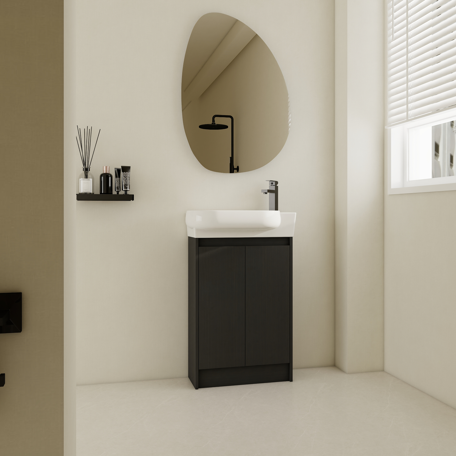 23″ plywood Freestanding Small Bathroom Vanity Cabinet +Ceramic Sink Basin Black